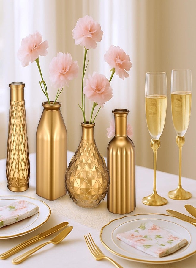 AojSup Set of 4 Gold Flower Vases - Small Gold Vases for Centerpieces, Elegant Glass Decorative Bud Vase for Wedding, Home, Table Decor with Vintage Golden Finish - Image 4